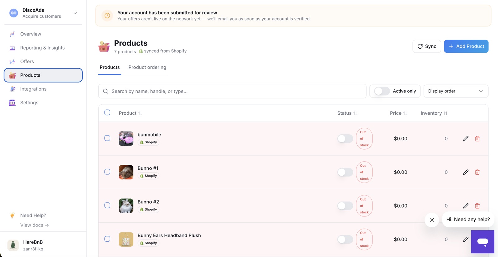 The Products tab — your catalog synced from Shopify