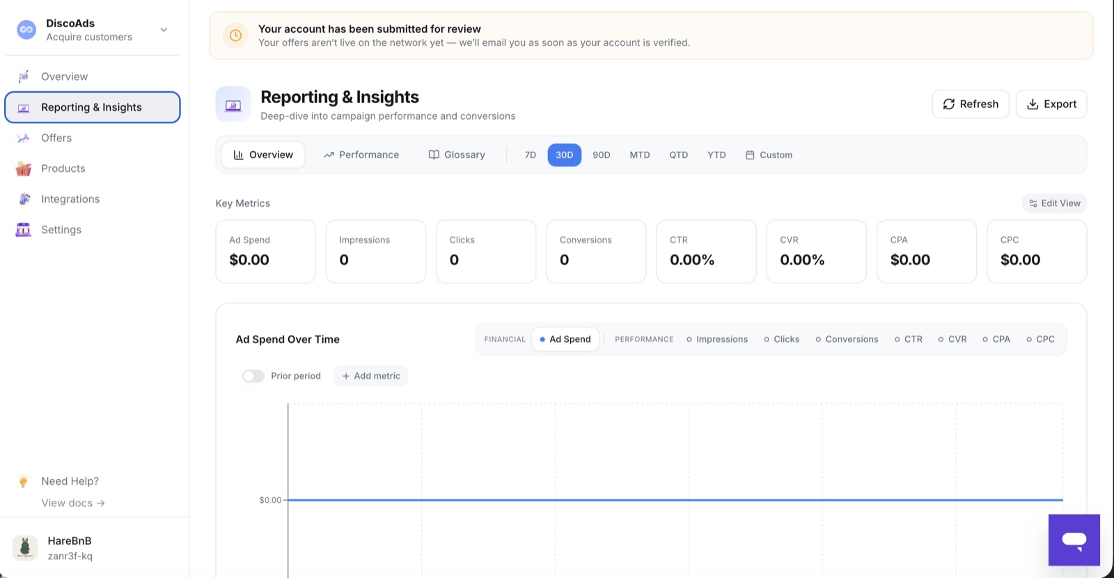 Reporting & Insights — key metrics and the over-time chart