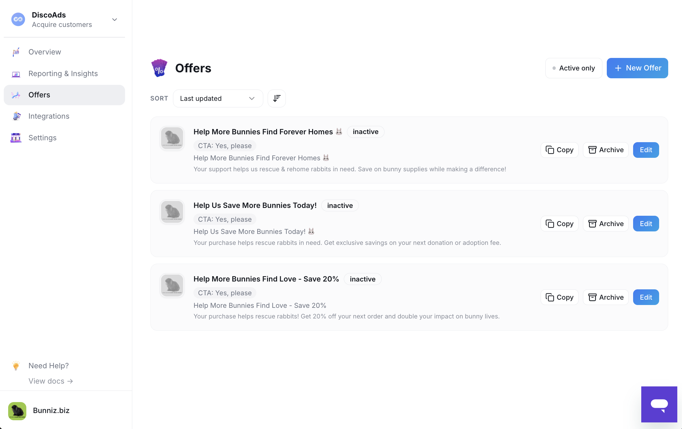 Your offers list — status, Copy, Archive, and Edit for each offer