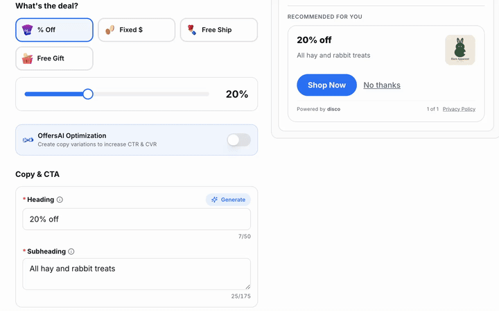 OffersAI in action — toggle on, generate, and copy variations appear with the live preview updating