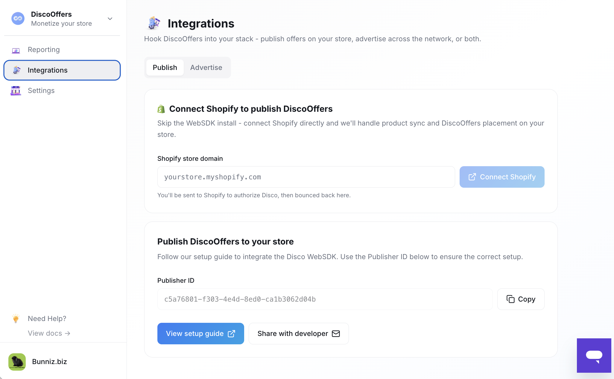 The Integrations page — your Publisher ID with a Copy button