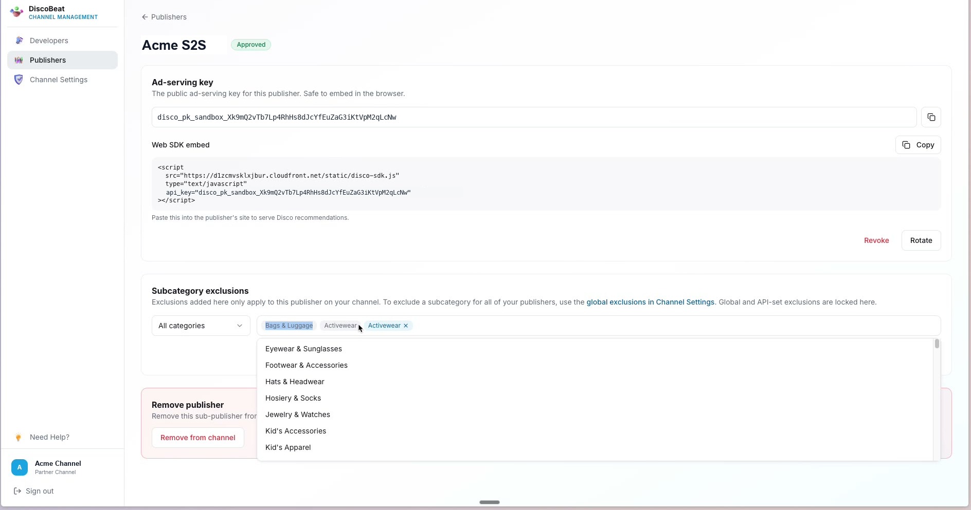 Grayed = inherited from global settings; blue = publisher-specific — demo capture; clean screenshot to come