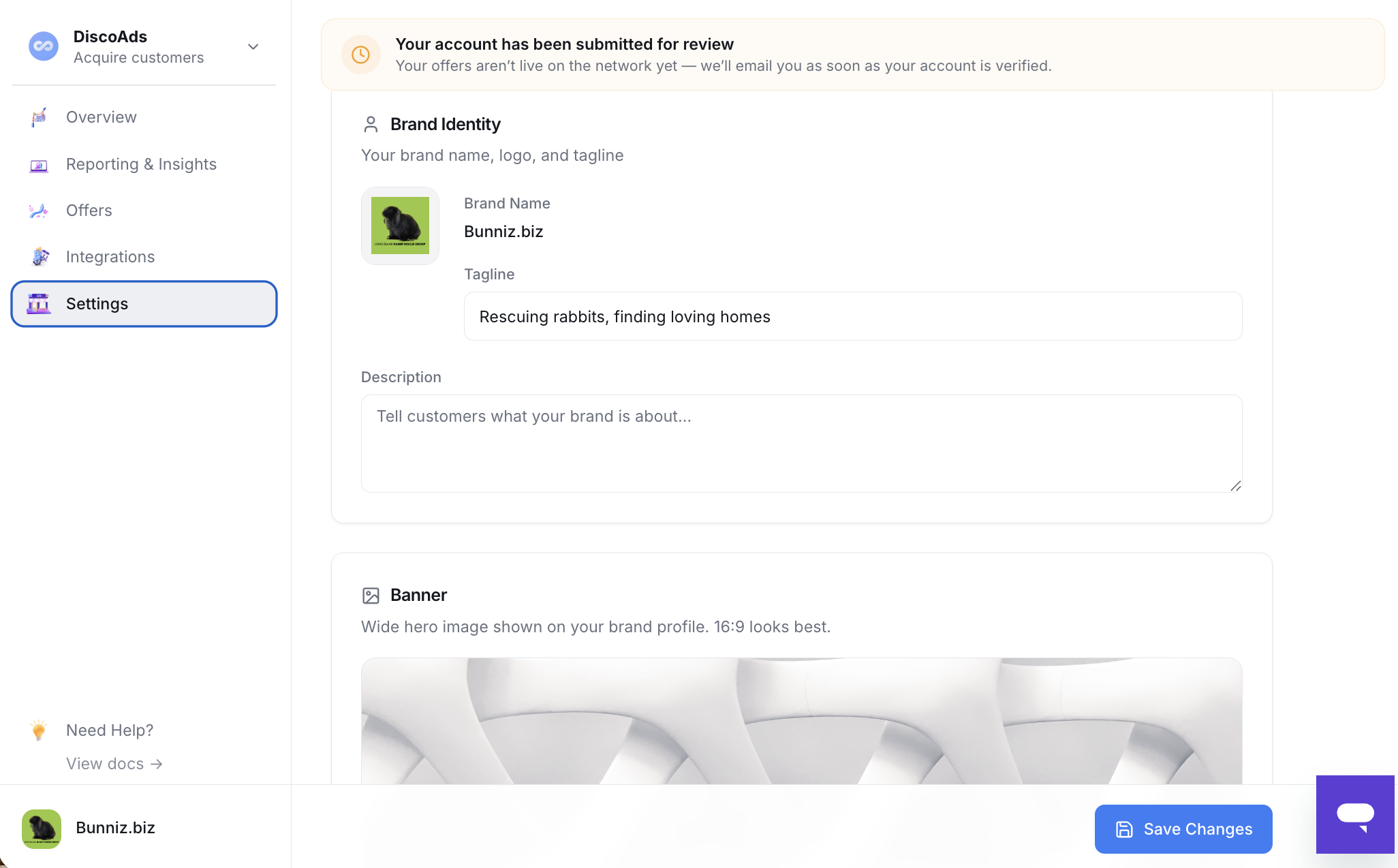 The Settings tab — Brand Identity with your logo and tagline, Banner beneath
