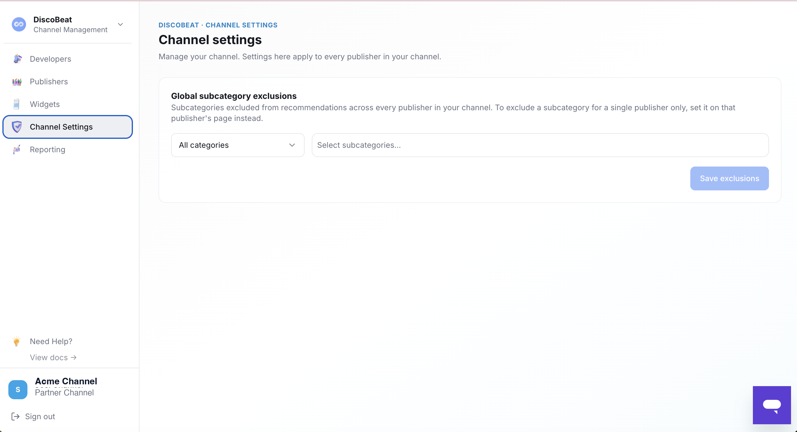 Channel Settings: global subcategory exclusions for the whole channel
