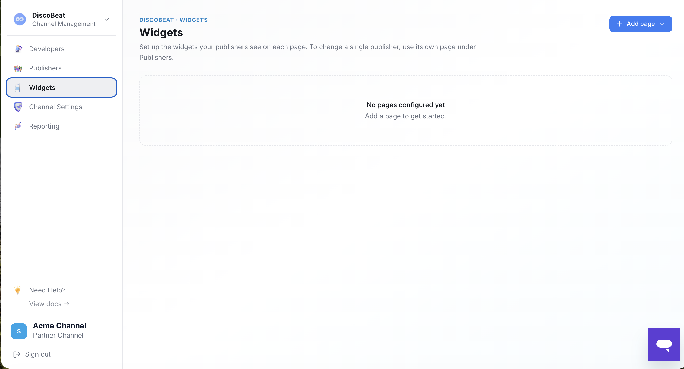 The Widgets tab: channel-wide widget setup by page type